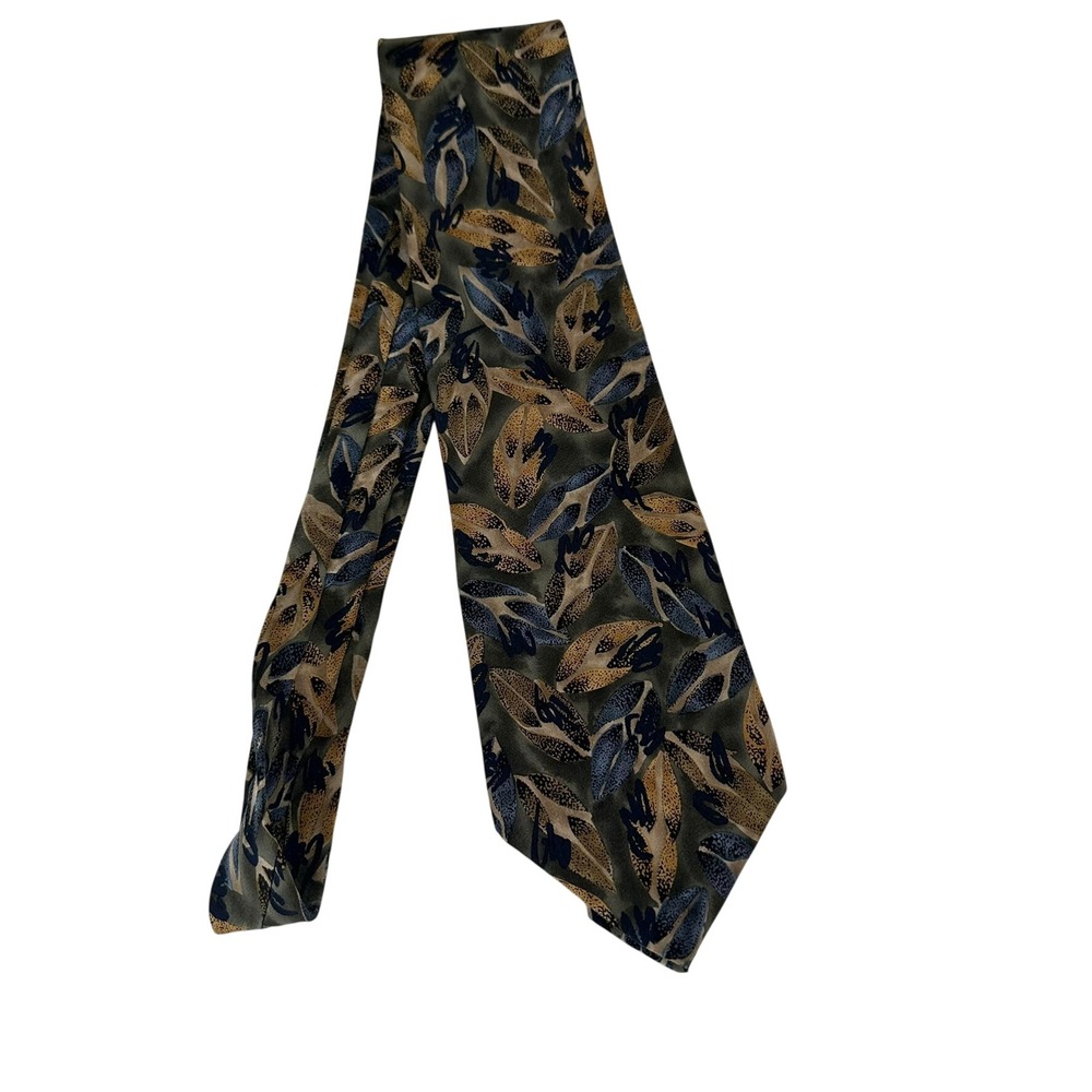 Gilda's‎ Club Mens Silk Necktie Abstract Leaf Pattern Olive Navy Tan Vintage USA